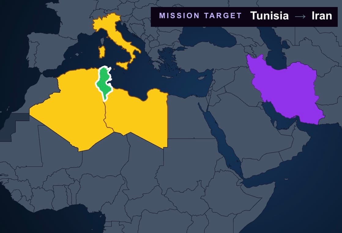 Target Blitz route from Tunisia to Iran on the world map